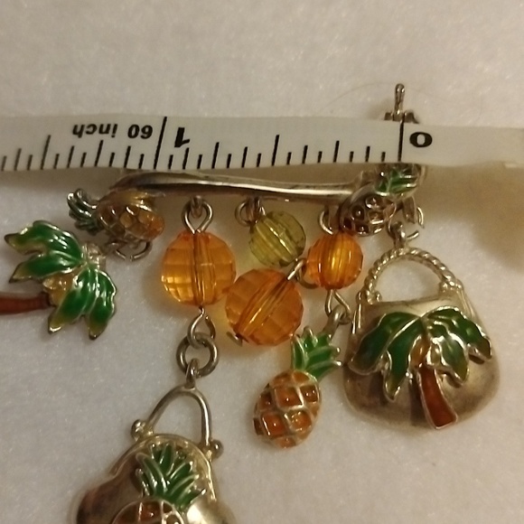 Vtg Silver Enamel painted pineapples & Palm tress w orange & green beads brooch - Picture 6 of 7